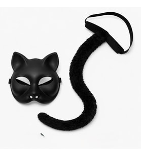 Siyah Kedi Maskesi ve Peluş Kuyruk Kostüm Seti 70 cm