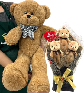 Premium Set Büyük Boy Peluş 80cm Ayıcık ve 3'lü Kahve Ayıcık Buketi (Kahverengi)
