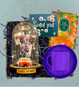İsimli, 3 Fotoğraflı ve Işıklı Fanus & Mor Kahve Fincanı  Kişiye Özel Premium Set (Model 6)