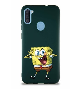 Samsung Galaxy M11 Soft Premier Kapak Sünger Bob Tasarımlı Silikon Kılıf - Yeşil (Şeffaf)