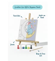 Ay Üzerinde Uyuyan Fil Temalı Çocuk Boyama Tuvali – Şövaleli Eğitici Boyama Seti 20x20 cm