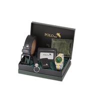 Polo Air Takvimli Erkek Kol Saati Cüzdan Kemer Kartlık Çakmak Anahtarlık Seti Gümüş Gold Yeşil Renk PL-7076E8 (Yeşil-Altın)