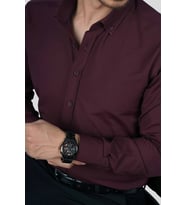 Koyu Bordo Yaka Düğmeli Premium Şamre Slimfit Hediye Kutulu Erkek Gömlek