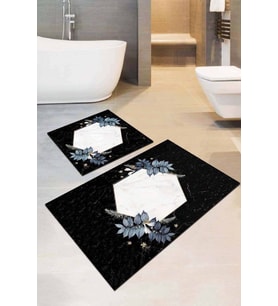 Siyah Çiçekli Desen Banyo Halısı Klozet Paspas Seti BS048