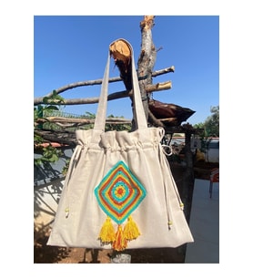 Büzgülü, Yeşil/kiremit Kare Motif Detaylı Tote Bez Omuz Çantası