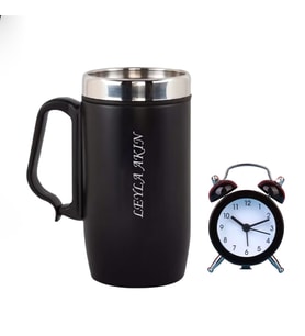 Kişiye Özel Çelik Termos 240 ML Kulplu Bardak & Mini Siyah Çalar Saat