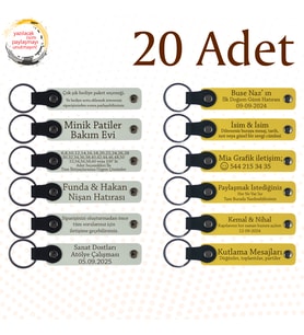 Beyaz & Sarı, Düğün Misafirlerine Anlamlı Hatıra, 20’li Set, Kişiye Özel Yazılı Deri Anahtarlık