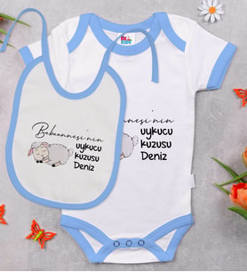 BK Kids Kişiye Özel Babaannesinin Uykucu Kuzusu Tasarımlı Mavi Bebek Body Zıbın ve Mama Önlüğü Hediye Seti