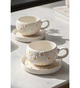 Flora El Yapımı Papatya Desenli, 4 Parça 2 Kişilik Çay Fincanı Takımı - 220 ml