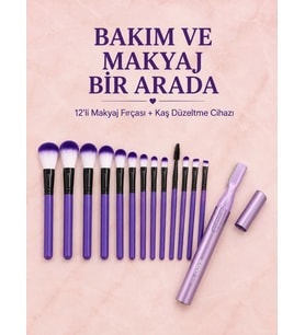 12’li Mor Makyaj Fırça Seti ve Kaş Düzeltme Cihazı Kadın Makyaj ve Kişisel Bakım Seti
