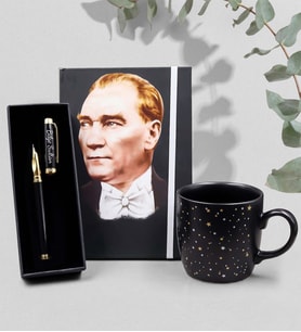 Kişiye Özel Siyah Dolma Kalem & Mustafa Kemal Atatürk Resimli Defter & Yıldız Desenli Siyah Mat Kupa Hediye Seti