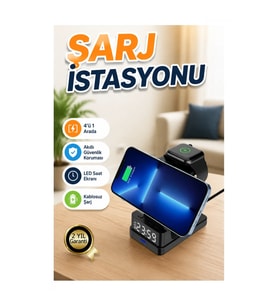 4’ü 1 Arada Kablosuz Şarj İstasyonu – LED Saat Ekranlı Akıllı Koruma