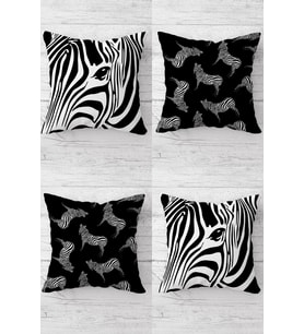 Zebra Ve Zebra Çizgili Kombin Gizli Fermuarlı Kırlent Kılıfı Koltuk Yastık Kılıfı Takım(4adet) (Siyah)