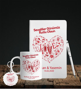 Sevgililer Gününe Özel Defter Kalem Kupa & Süblimasyon Anahtarlık Hediye Seti 11