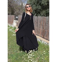 Keten Günlük Yazlık Salaş Kadın İki Katlı  Elbise (Siyah)