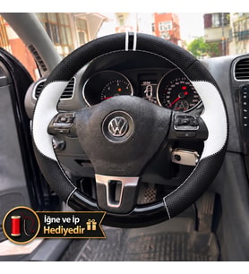 Vw Touran 1 Dikme Direksiyon Kılıfı Delikli Deri Parlak Siyah Beyaz Detay Çift Yüzük ve Dikiş 2010-2015