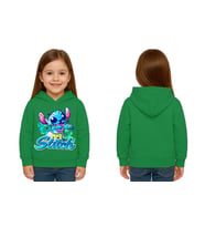 Unisex Stitch Baskılı Çocuk Swaetshirt  Baskılı Kapüşonlu 3 İplik Şardonlu (Yeşil)