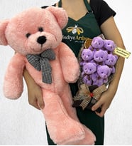 Kişiye Özel 7'li Peluş Ayıcık Buketi ve Büyük Boy Pembe Peluş Ayıcık (Model 2)