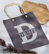BK Gift Kişiye Özel Harfli Antrasit Halat Saplı Kumaş Bez Çanta-1, Baskılı Omuz Çantası, Alışveriş Çantası