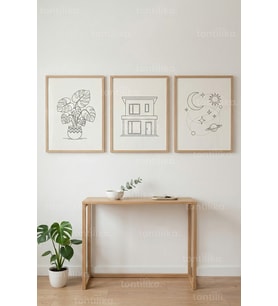 Minimal Çizgi İllüstrasyonlar 3’lü Ahşap Çerçeveli Tablo Seti - Modern Duvar Dekoru