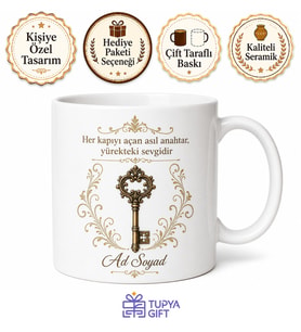 Anahtar Temalı Özel Tasarım Baskılı Kupa Bardak Hediye Porselen Mug