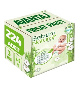Bebem Bebek Bezi Natural Beden:3 (4-9Kg) Midi 224 Adet Avantaj Fırsat Pk