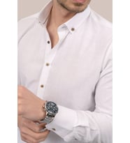 Beyaz Yaka Düğmeli Keten Slimfit Hediye Kutulu Erkek Gömlek (Beyaz)