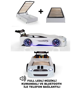 Bazalı Beyaz Arabalı Yatak Sport MST Full Ledli Kumandalı ve Müzikli