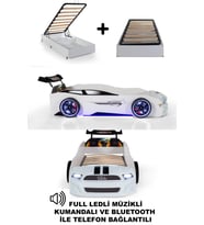 Bazalı Beyaz Arabalı Yatak Sport MST Full Ledli Kumandalı ve Müzikli
