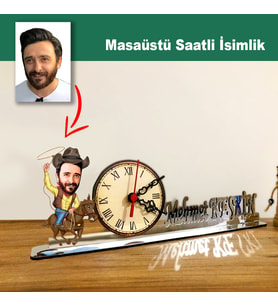 Karikatür Erkek At Binen, Kovboy Model Masaüstü Saatli İsimlik MSİ22
