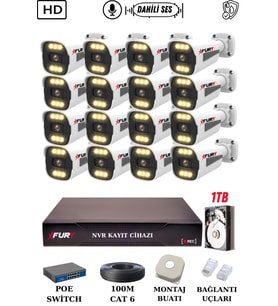 FURY 16 Kameralı Ip Güvenlik Kamerası Seti Sesli 4mp Gece Renkli Su Geçirmez 1506s 1TB