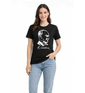 Atatürk Baskılı Tişört Kısa Kollu Bisiklet Yaka T-Shirt - Siyah