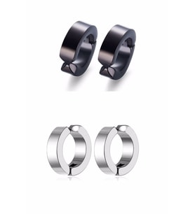 Unisex Çelik Küpe - Deliksiz Kıskaçlı Halka Küpe - 2 Çift (Siyah - Gümüş)