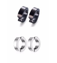 Unisex Çelik Küpe - Deliksiz Kıskaçlı Halka Küpe - 2 Çift (Siyah - Gümüş)