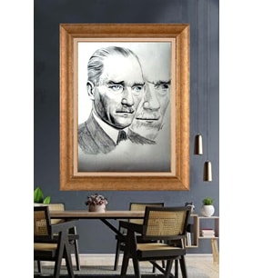 Altın Varaklı Çerçeveli Paspartulu Atatürk Tablo nh30 (Gold)