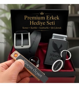 Hızlı Kargo İsme Özel Premium Tasarım Erkek Hediye Seti - Babaya Arkadaşa Eşe Sevgiliye Hediye - Mekanizmalı Otomatik Kartlık Cüzdan Kemer Usb Çakmak Anahtarlık - Kartal Logo Tasarımlı