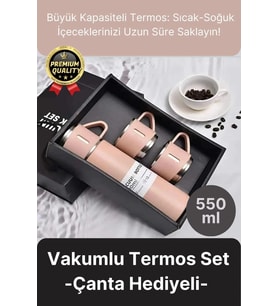 Kaliteli Paslanmaz Çelik Çift Katmanlı Sıcak Soğuk 3 Bardaklı Vakumlu Termos Çanta Hediyeli 550 Ml