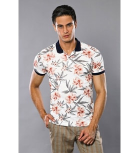 Polo Yaka Çiçek Desenli T-shirt - Wessi (Krem)