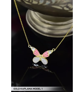 925 Ayar Gümüş Gold Kaplama Pembe Sedef Mineli Kelebek Kolye Model 1