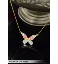925 Ayar Gümüş Gold Kaplama Pembe Sedef Mineli Kelebek Kolye Model 1