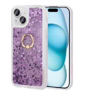 Apple iPhone 15 Kılıf Sıvılı Simli Pullu Yüzüklü Standlı Lüx Silikon (Mor)
