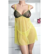 Siyah Sarı Dantelli Nakış İşlemeli Şeffaf Babydoll Gecelik Takımı - 1080