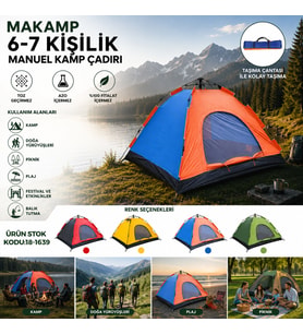 6-7 KİŞİLİK TOZ GEÇİRMEZ 220CMX250CMX150CM MANUEL KAMP ÇADIR HERHANGİ BİR RENK GÖNDERİLİR (5680)