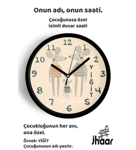 İsme Özel Sevimli Fare Ailesi Çocuk Odası Duvar Saati Orta Boy 30 cm Siyah Camlı Sessiz