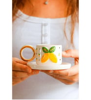 Özce Ceramic Limon Desenli Handmade 24k Altın Detaylı Türk Kahvesi Fincan ve Tabak