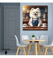 Kare Kanvas Kahve Köşesi Cafe Tablosu Barista Beyaz Pomeranian