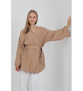 Doğal Viskon Kumaş Cepli Kemerli Kadın Kimono 1168 – Yakasız, Hafif, Dökümlü, Yazlık Model (Vizon)