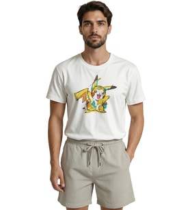 Neşeli Pikachu Eskiz ve Karalama Sanatı Baskılı Premium Erkek Tişört (Beyaz)