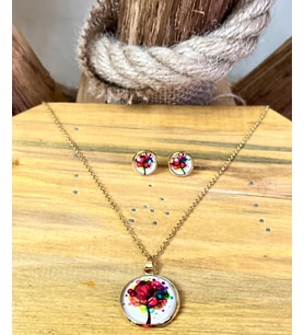 316L Çelik Çiçek Figürlü Kolye Küpe Hediyelik Set (Gold)