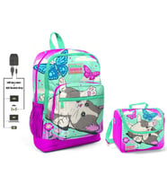 Coral High Sevimli Kedi ve Kelebek Okul Çantası ve Beslenme Çantası Seti - Kız Çocuk - USB Soketli